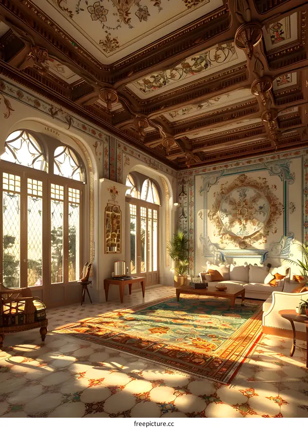 Ornate Living Room With Elaborate Ceiling