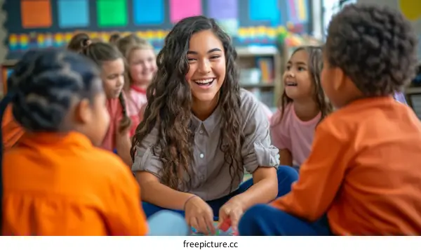 Happy teacher surrounded by children