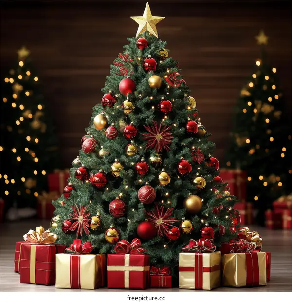 Christmas Tree Decorated with Gifts and Ornaments