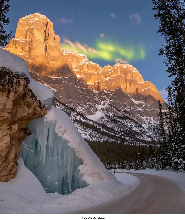 Snowy Mountain Range with Northern Lights