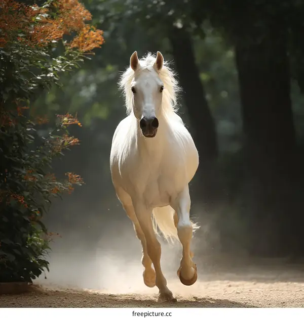 Majestic White Horse in a Forest Path