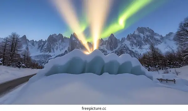 Snowy Mountain Range with Aurora Borealis