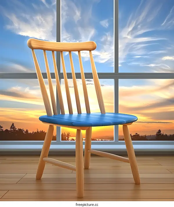 Wooden Chair with Blue Seat by Window with Sunset View