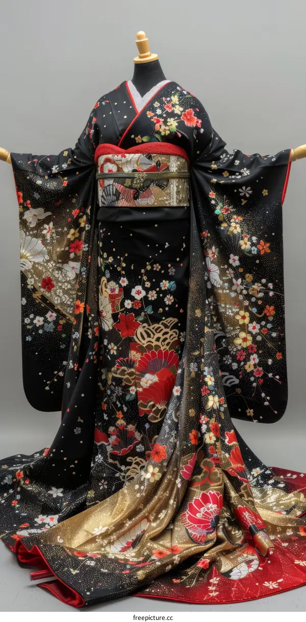A woman wearing a black kimono with red and gold floral patterns.