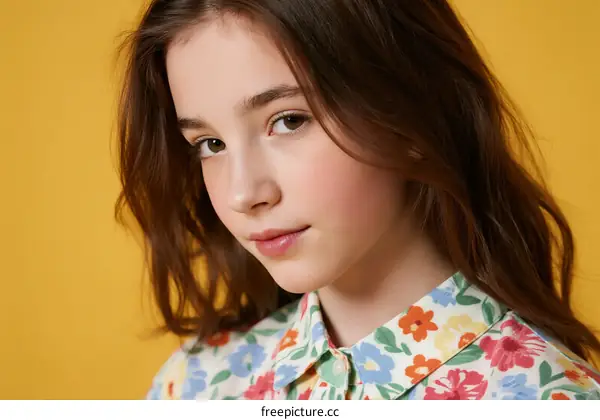 Young girl with long brown hair wearing floral shirt on yellow background