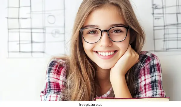 Smiling Caucasian Girl with Glasses and Book
