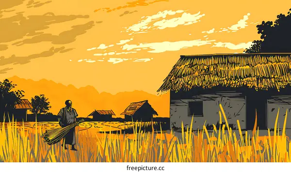 Rural Landscape with a Man Carrying Rice Stalks