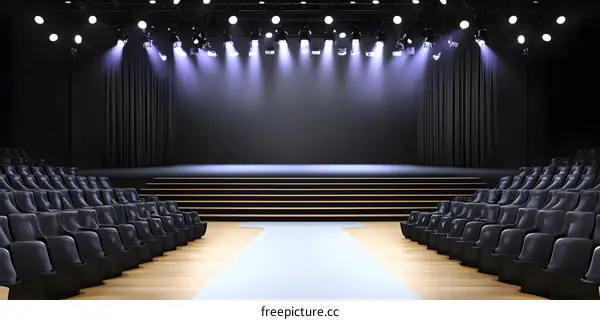 Empty Stage with Black Curtains and Spotlights