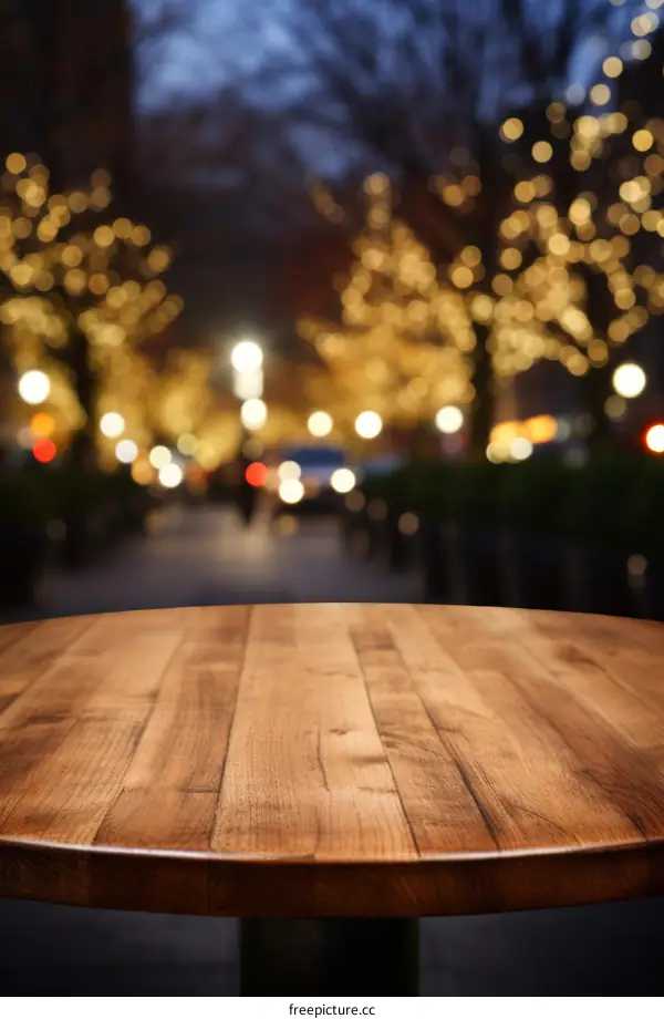 An Empty Wooden Table with a Blurred City Street in the Background