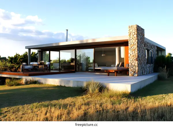 Modern Concrete House with Stone Wall and Deck