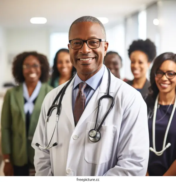 Smiling African American male doctor with stethoscope around neck and group of female colleagues in background