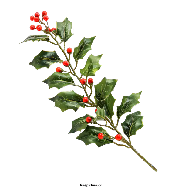 [Transparent Background PNG]Green Holly Sprig with Red Berries on White Background
