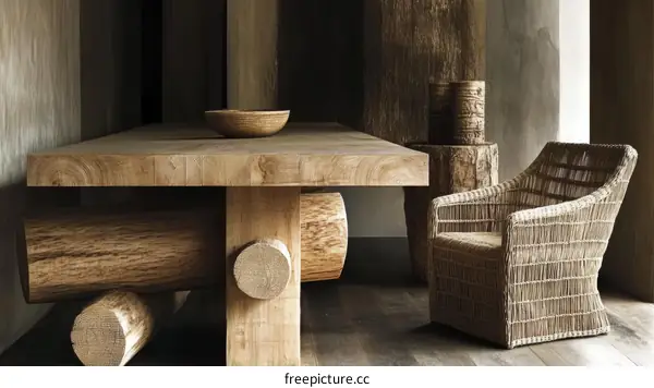 Rustic Wooden Dining Table and Wicker Chair