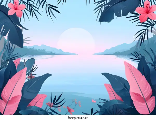 Tropical Landscape Illustration with Pink Hibiscus and Lush Greenery