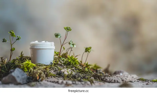 Natural Beauty Cream Jar on Green Moss and Plants