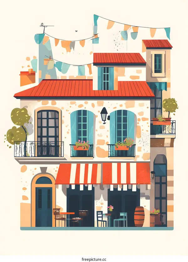 Colorful French House Illustration with Red Roof and Striped Awning