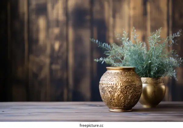 Two Ornate Gold Metal Vases with Plants on a Wooden Table