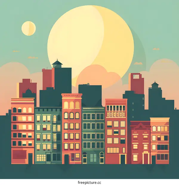 Cityscape Illustration with Sunset and Buildings