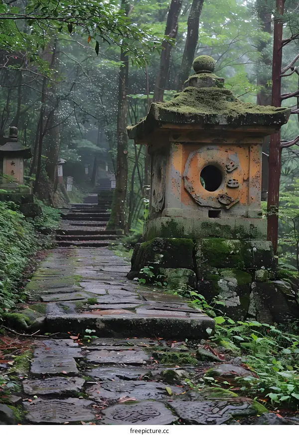Stone Path Through Mossy Forest in Japan