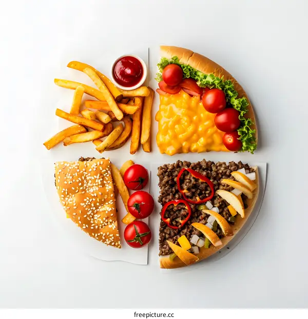 Close Up Of Cheeseburger, Hot Dog, French Fries And Ketchup On White Background