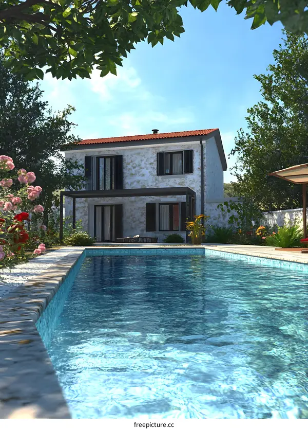 Stone House with Swimming Pool 3D Illustration