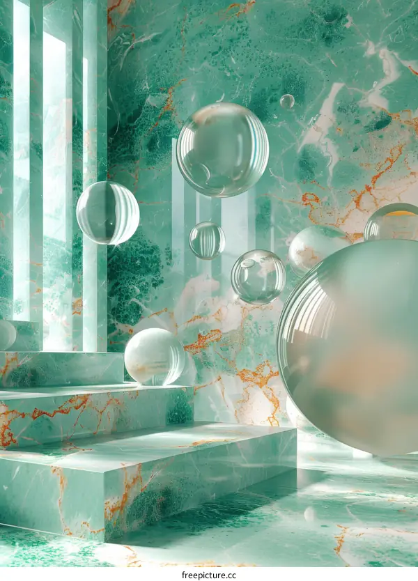 Emerald Green Marble Display Platform with Glass Bubbles