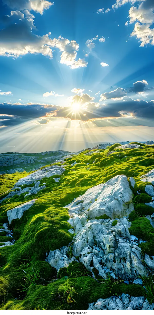 Sun Rays Breaking Through Clouds Over Lush Green Mountain Landscape