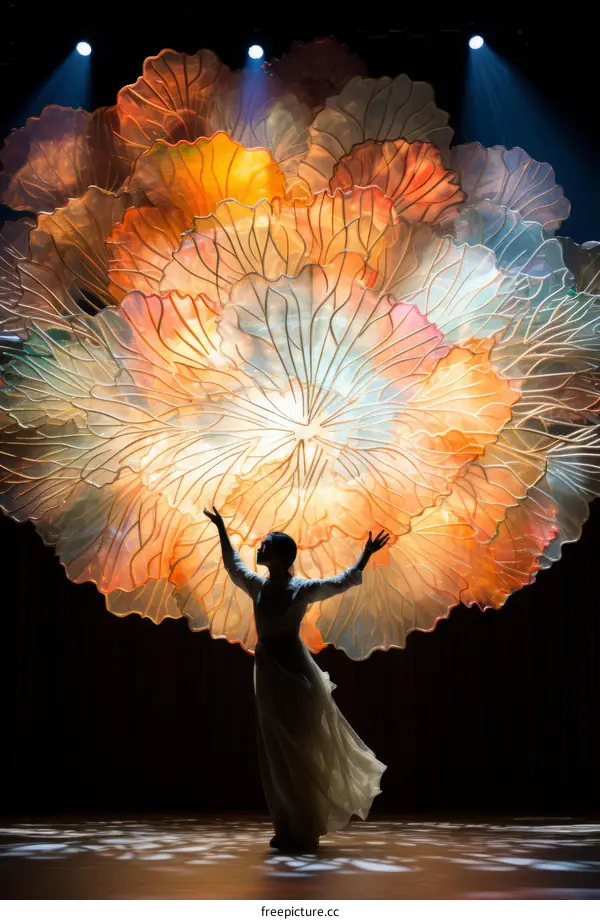 A dancer is dancing in front of a large colorful backdrop that resembles flower petals.