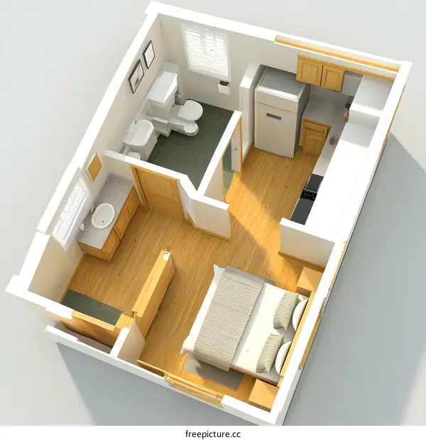 Top View 3D Illustration Of Small Apartment With Bedroom Bathroom And Kitchen