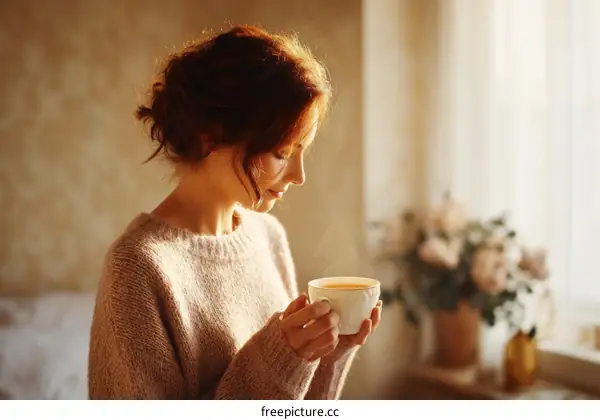 Woman Enjoying Warm Beverage in a Cozy Room
