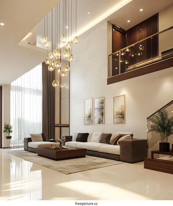 Modern Interior Design Living Room with Large Chandelier