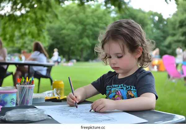 Little Girl Coloring In a Park On A Sunny Day