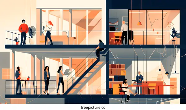 Modern Office Building Illustration with Diverse People Working