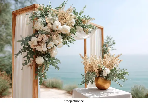 Elegant Wooden Archway Floral Decoration by the Ocean