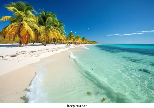 The beach is clean and beautiful, with palm trees and blue water
