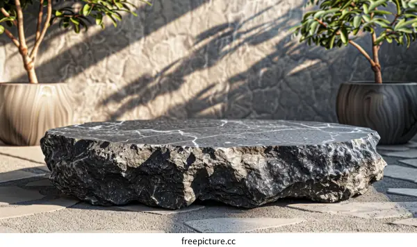 Black marble stone podium with sunlight and shadows on the background. 3d rendering.