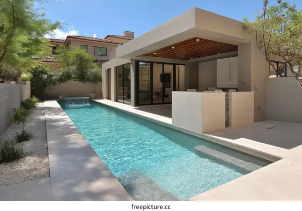 Modern Pool House Backyard Design with Patio