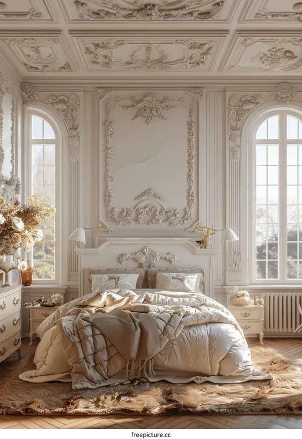 Elegant Beige Bedroom with Ornate Architecture