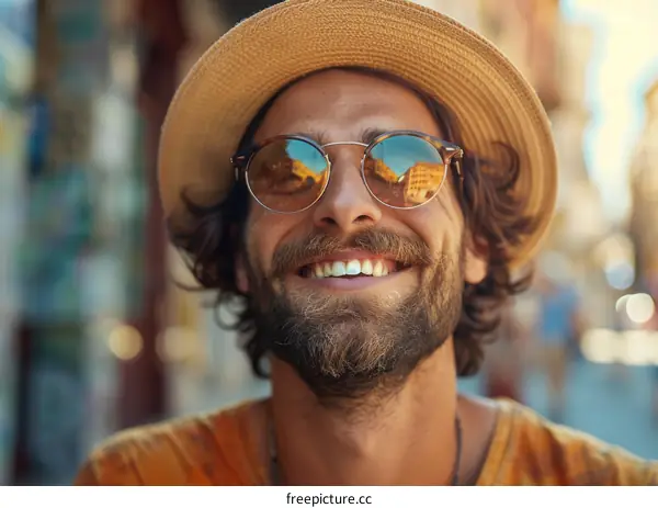 Smiling Man in a Straw Hat and Sunglasses Outdoors