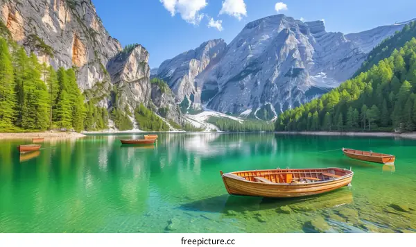 Scenic view of a mountain lake with boats on the water