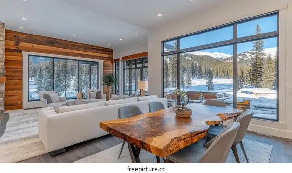 Modern Rustic Interior with Panoramic Mountain Views