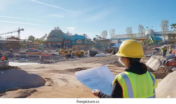 A construction worker reviews blueprints at the site of the future Epic Universe theme park at Universal Studios Florida