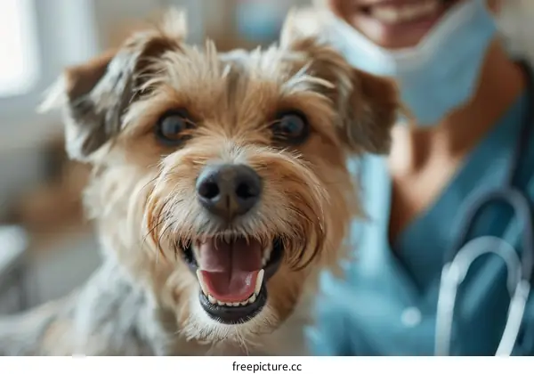 Close up of a happy dog with a smiling veterinarian in the background