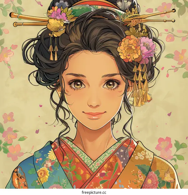 Beautiful Asian Woman Wearing Traditional Japanese Kimono with Flower Pattern