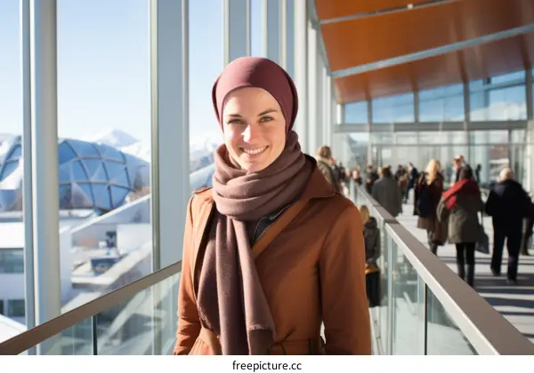 portrait of a young woman wearing a brown coat and a purple hijab smiling in a modern building