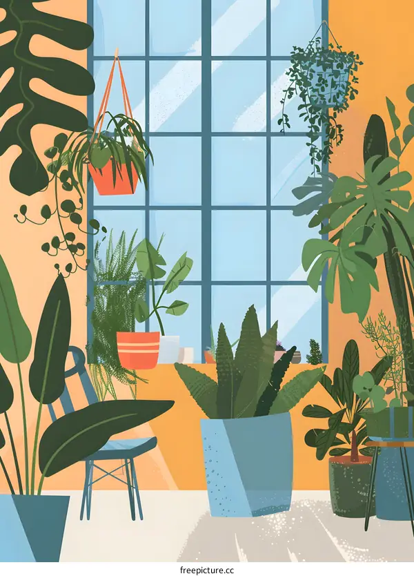 Colorful Illustration of Houseplants in a Room