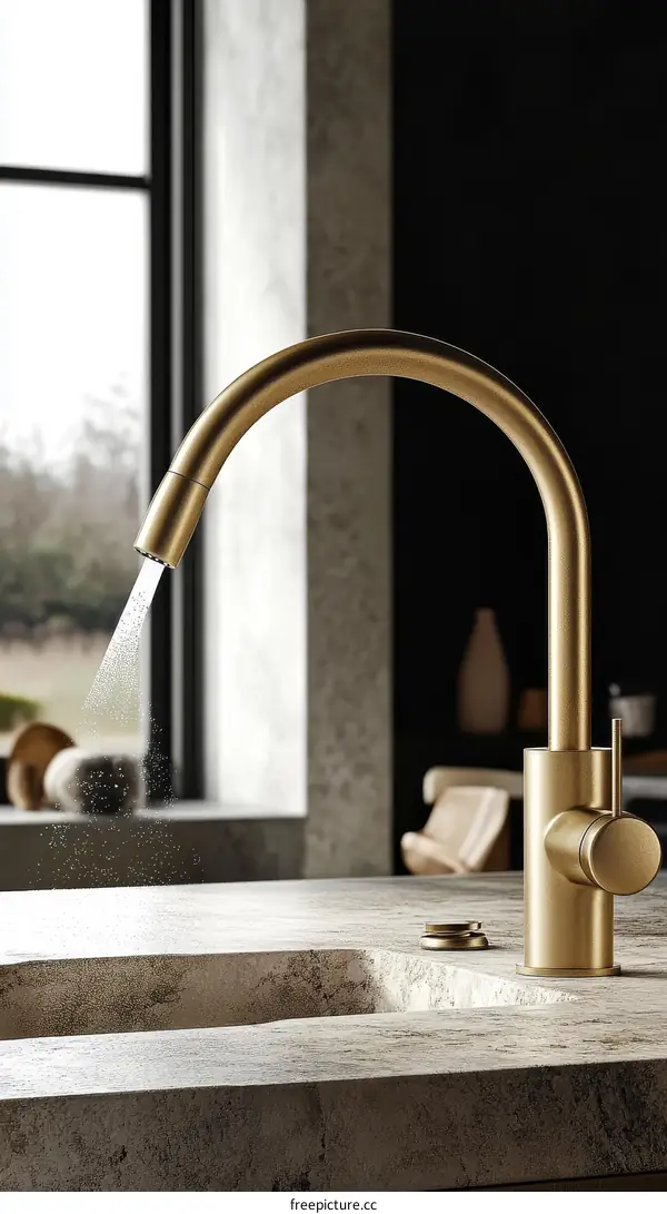 Modern Gold Kitchen Faucet on Concrete Countertop