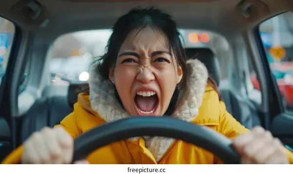 Furious Asian woman driver screaming and honking the horn while driving