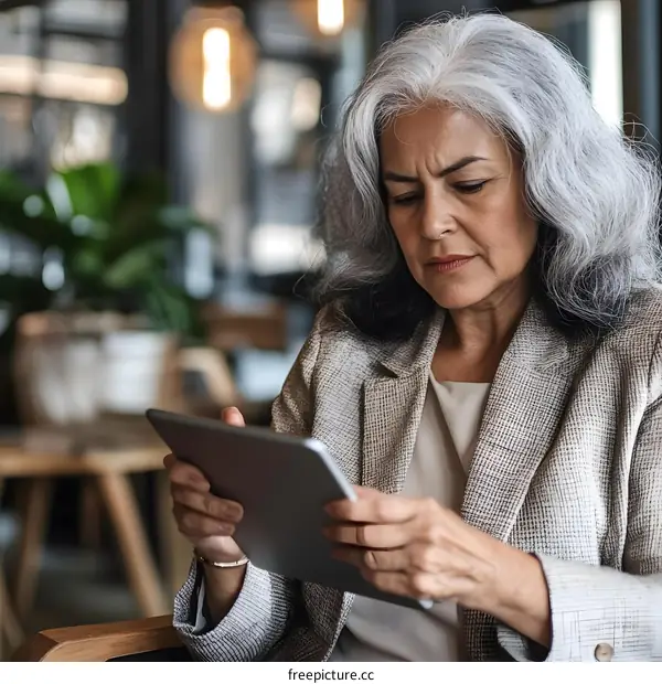 Senior Woman Working On A Tablet In Cafe
