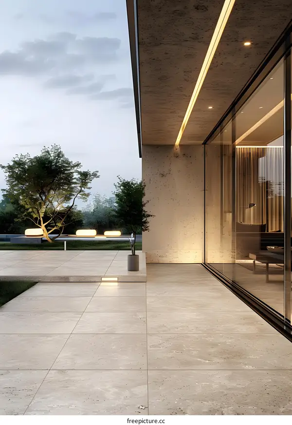 Modern House Exterior Patio with Stone Tiles and Glass Doors